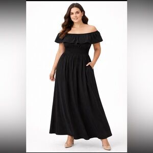 Old Navy Black Off Shoulder Maxi Dress Smocked Waist Pockets - Size L